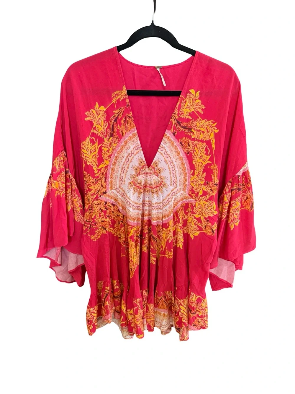 Free People Sunset Dreams Top Small Red Boho Bell Sleeve Flowy Blouse